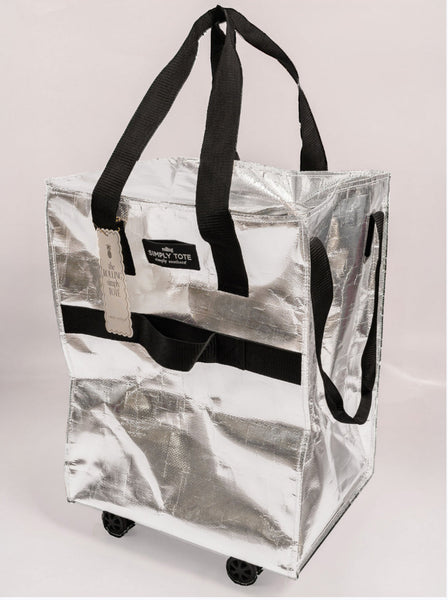Trendy Metallic Tote Bags with Wheels -silver