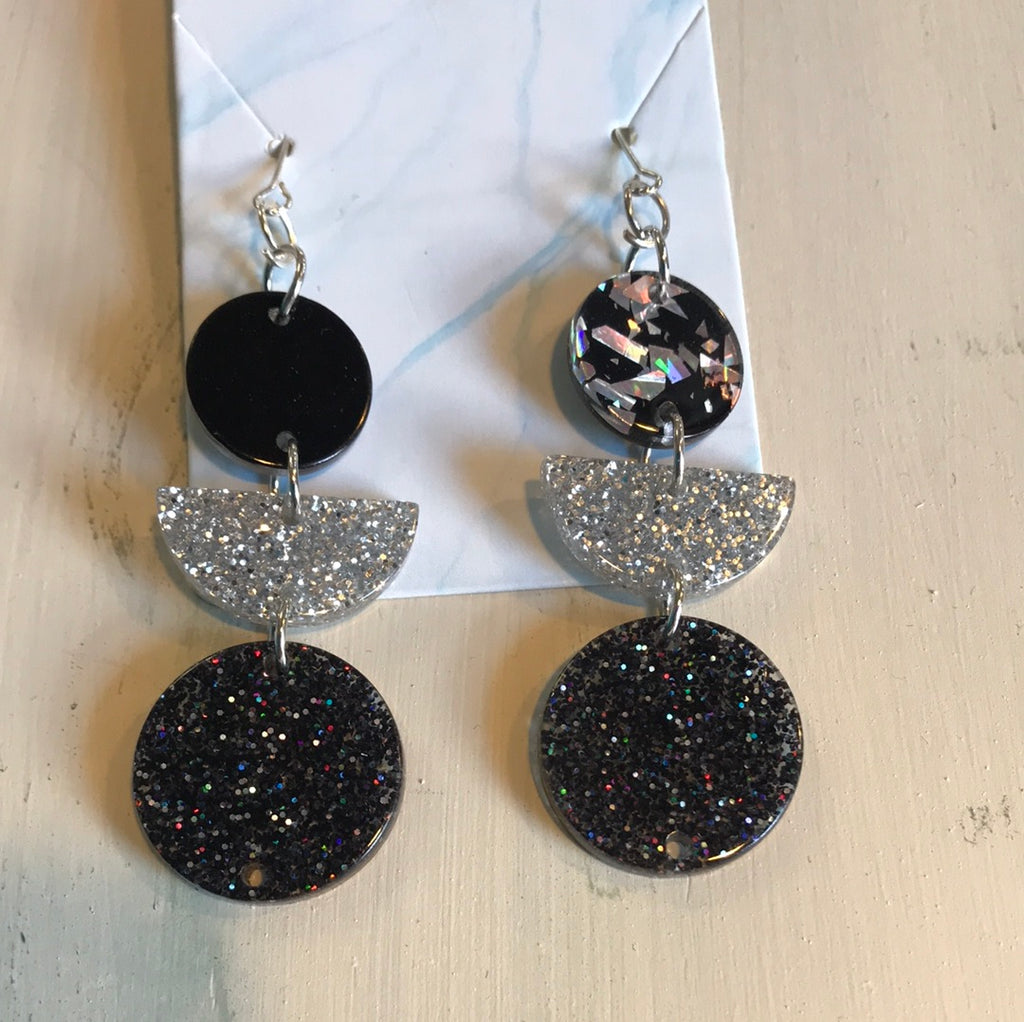 Black Round Silver Moon Earrings