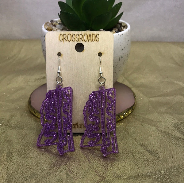 Mississippi  Acrylic Earrings-Purple Glitter