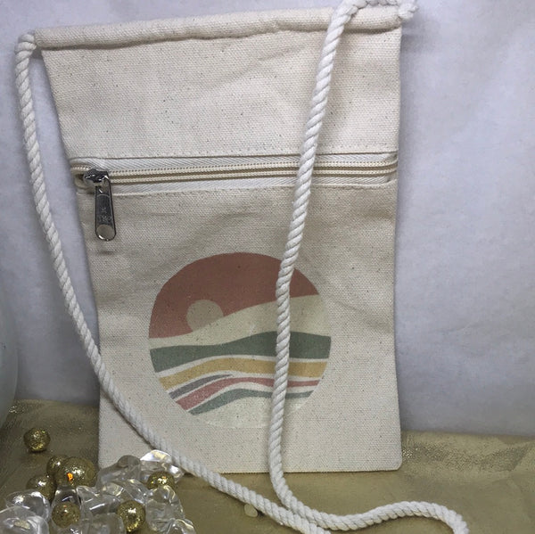 Canvas Purse w/Rope Strap-Moon & Waves