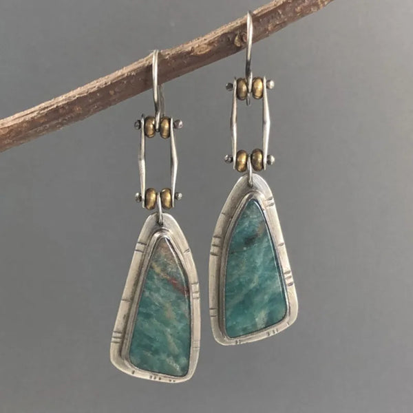 Retro Ethnic Geometric Trapezoid Silver Earrings w/amazonite Antique Drop