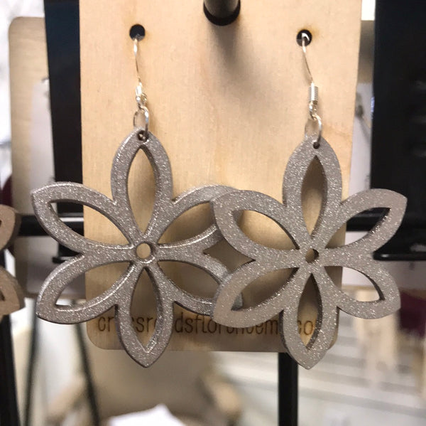 Flower Earrings-Silver Metallic