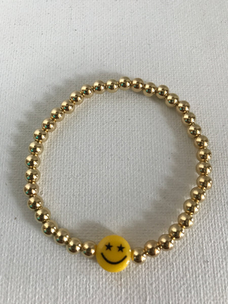 Stretch Bracelets-Gold Beads w/Yellow Smiley