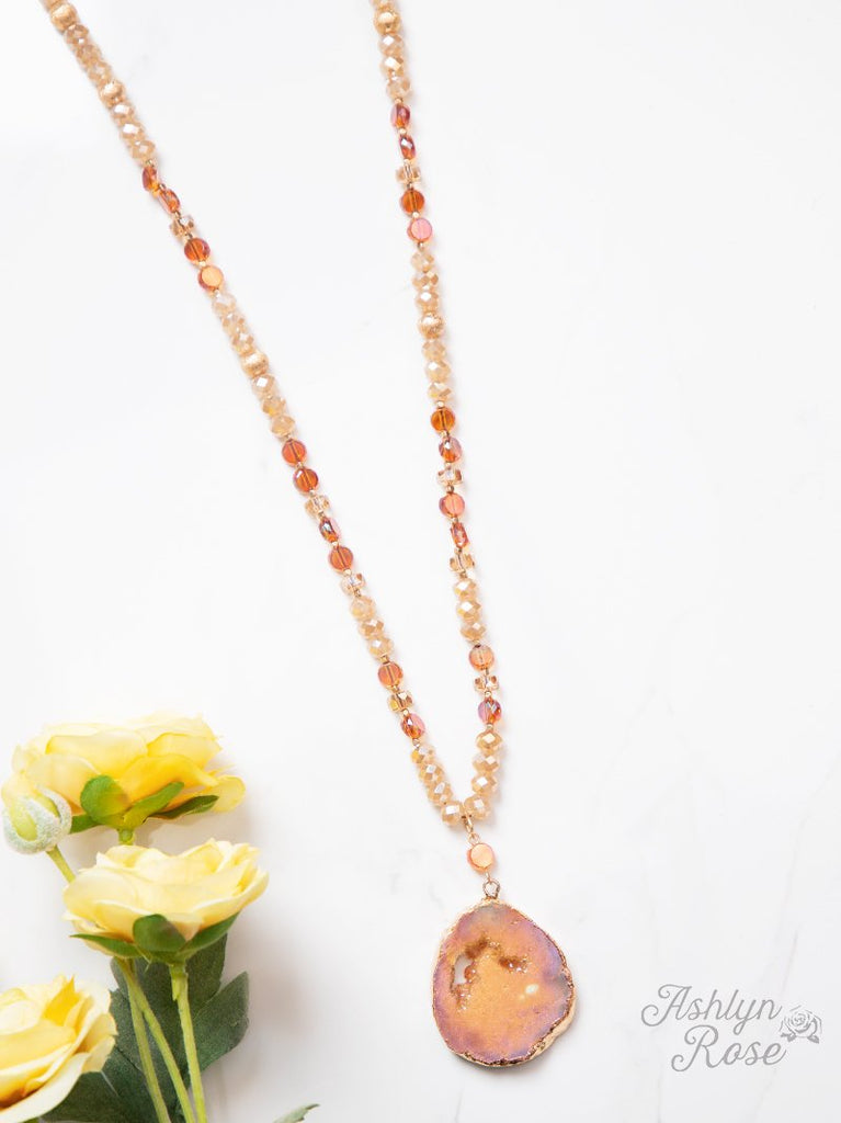 Glittering Geode Beaded Necklace with Stone Pendant, Champagne Grace+Emma