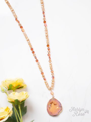 Glittering Geode Beaded Necklace with Stone Pendant, Champagne Grace+Emma
