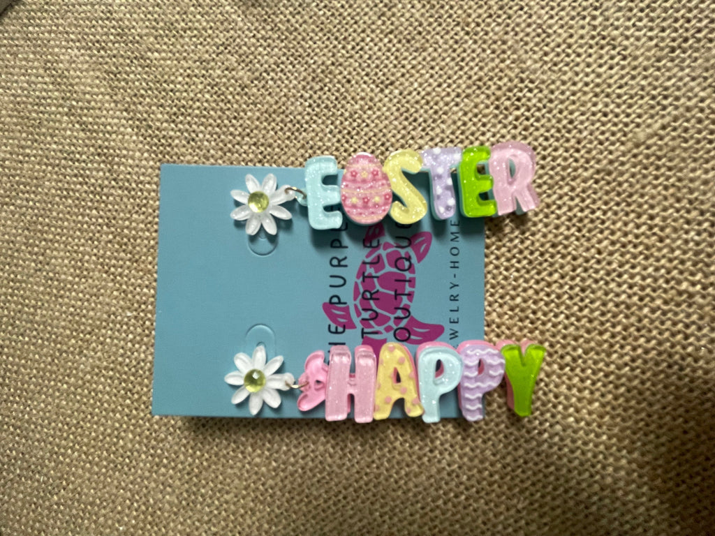 3" acrylic HAPPY EASTER w/white daisy stud earrings Amanda Queen