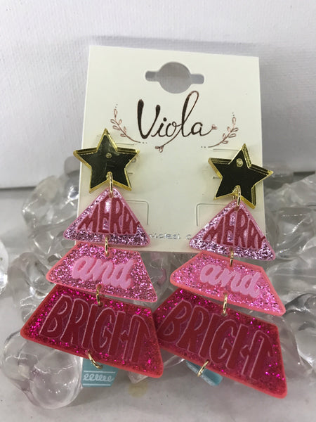 Viola Christmas Earrings-GoldStar/Christmas Tree/Merry and Bright/Pink/Red