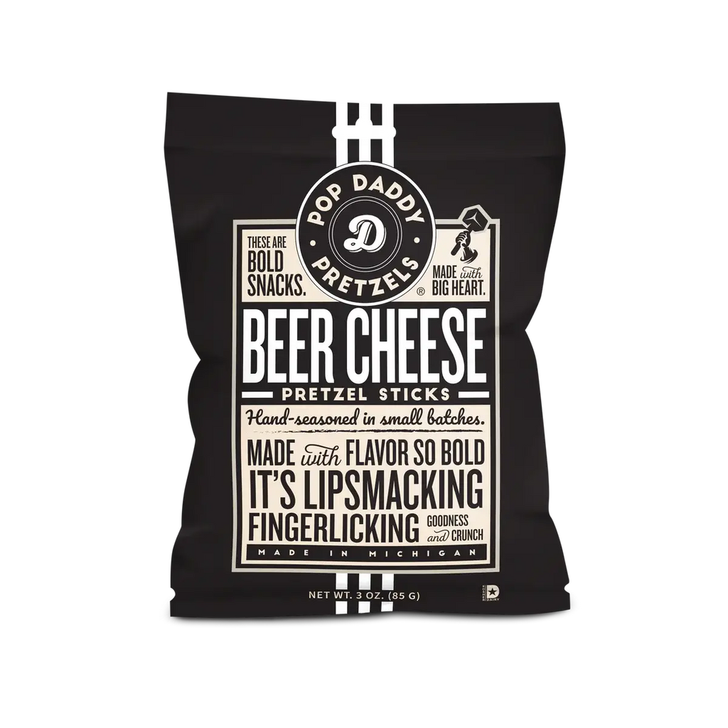 A bag of Beer Cheese Seasoned Pretzels - 3oz - Beer Cheese on a clean white background