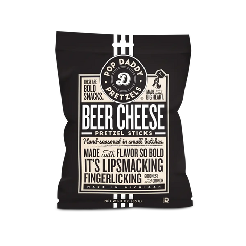 A bag of Beer Cheese Seasoned Pretzels - 3oz - Beer Cheese on a clean white background