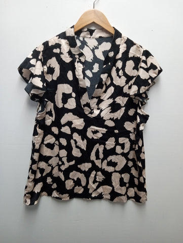 Black Cream Leopard Print V-Neck Top XL Women's Animal Print Blouse