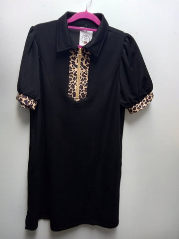 Black Mini Dress with Leopard Trim & Gold Zip | Puff Sleeve | S–XL Amanda Queen