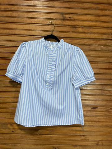 Blue & White Stripe Ruffle Trim Top with Cuff Sleeves Amanda Queen