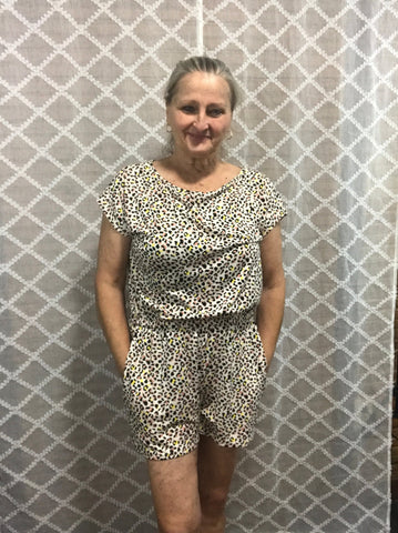 Blush and Yellow Leopard Romper with side pockets
