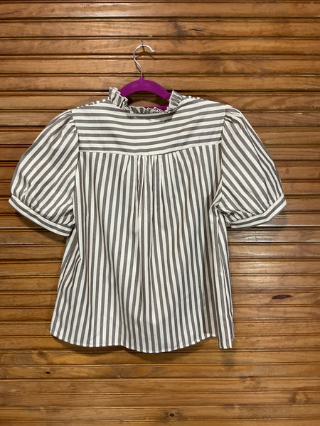Brown & Cream Stripe Ruffle Trim Blouse – Cuff Sleeve Top Amanda Queen