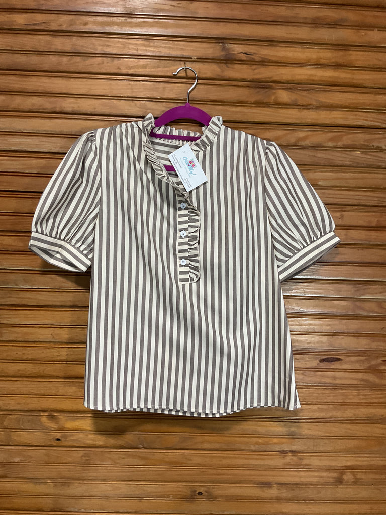Brown & Cream Stripe Ruffle Trim Blouse – Cuff Sleeve Top