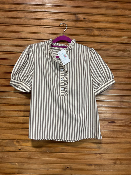 Brown & Cream Stripe Ruffle Trim Blouse – Cuff Sleeve Top