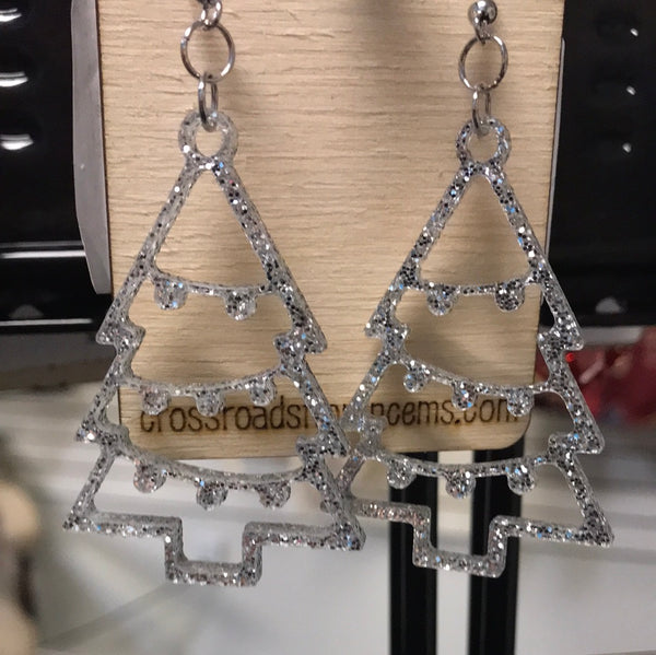 Christmas Tree Earrings-Silver Glitter