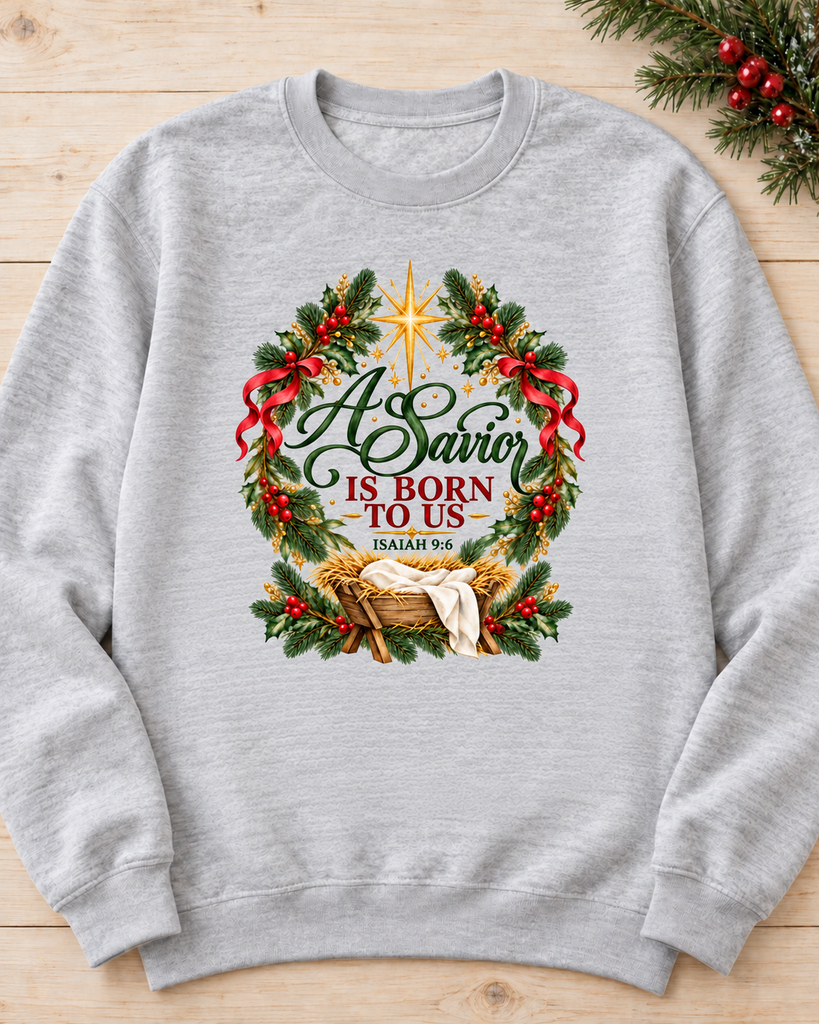 Preorder A Savior Is Born Christmas Sweatshirt | Heather Gray Christian Crewneck