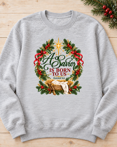 Preorder A Savior Is Born Christmas Sweatshirt | Heather Gray Christian Crewneck