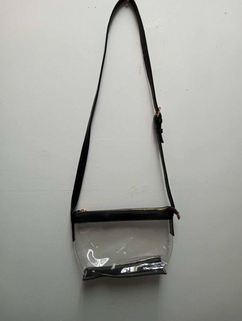 Clear 10"x7" Zip Up Bag trimmed in Black w/Black faux leather strap