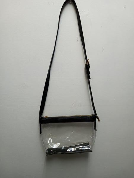 Clear 10"x7" Zip Up Bag trimmed in Black w/Black faux leather strap