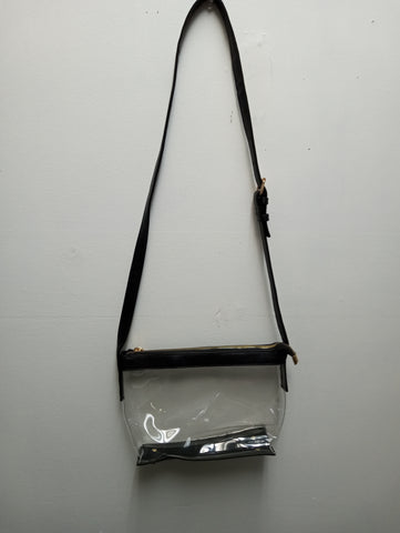 Clear 10"x7" Zip Up Bag trimmed in Black w/Black faux leather strap