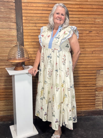 Cream Floral w/Light Blue Trim Midi Dress 