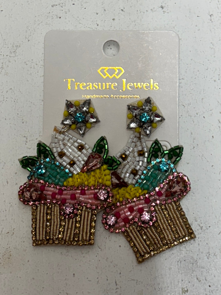 3" Large Cupcake Stud 2 tier Beaded Earrings Amanda Queen