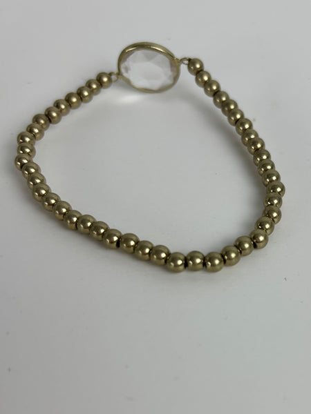 Gold Beaded Bracelet with Crystal Focal Point - Stretch Bracelet for Women