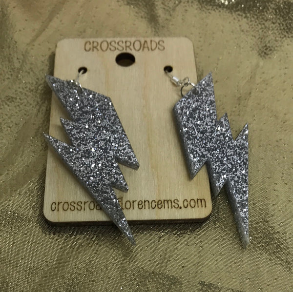Lightning Bolt Glitter Earrings-Silver Glitter