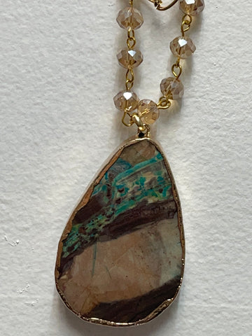 Dylan 16-inch double gold chain necklace with beads and large brown, teal teardrop pendant, handcrafted statement jewelry"