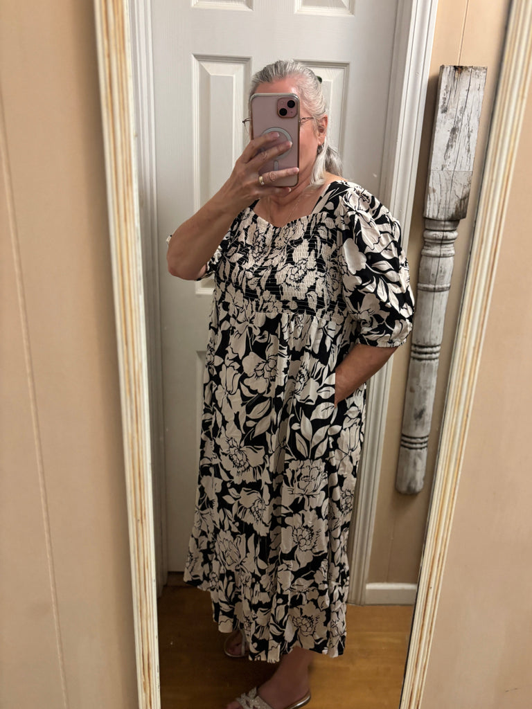 Southern Stitch Black White Floral Maxi Dress Women Long Elegant Casual OhhMy! Gifts and Things, LLC