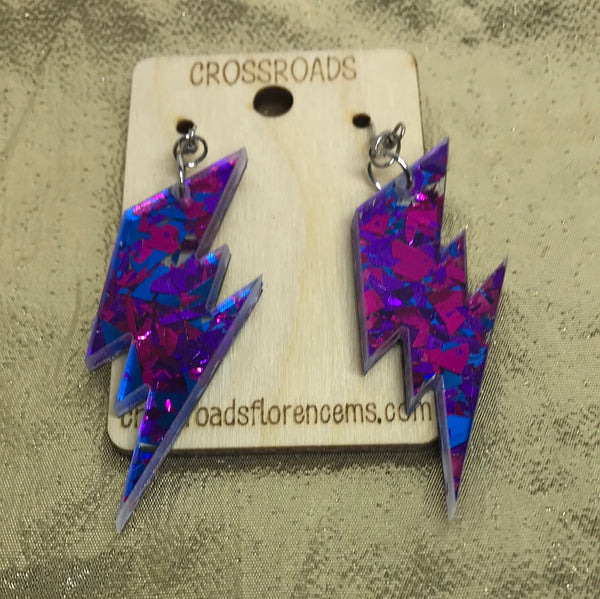 Lightning Bolt Acrylic Confetti Earrings-Purple