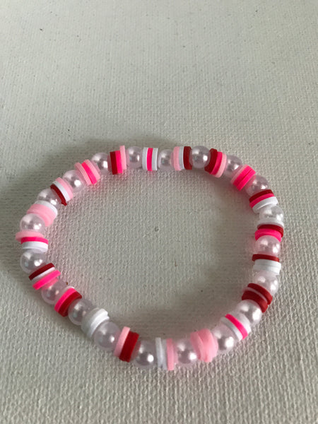 Stretch Bracelets-Red/Pink/White w/White Balls