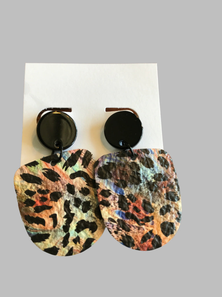 Black Circle Stud w/Leopard Print Earrings