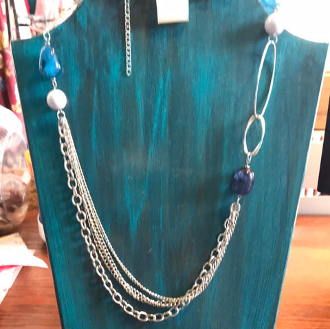 Blue Beaded Oval Silver Necklace