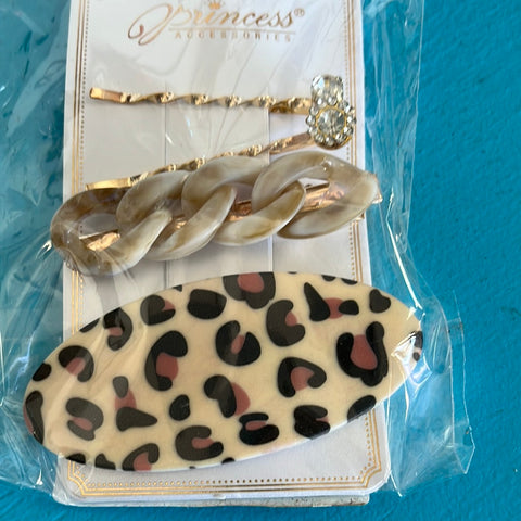 Leopard Clip and Studded Bobbie Pin Set