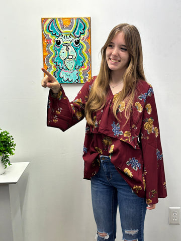 Burgundy Bell Sleeve Floral Top OhhMy! Gifts and Things, LLC