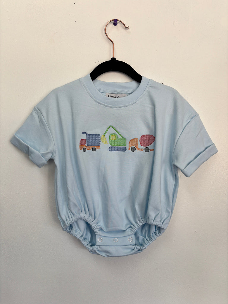 Boys Light Blue Construction Truck Romper – Cute Baby Outfit OhhMy! Gifts and Things, LLC