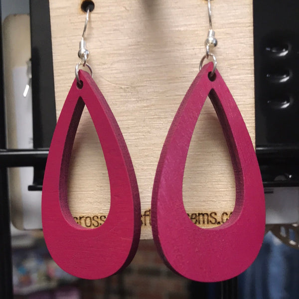 Offset Teardrop Wood Hoop Earrings-Magenta