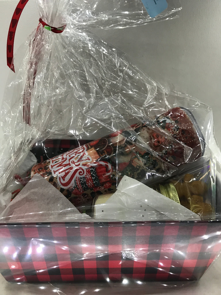 Decorative Red/Black check Gift Basket w/Santa Tumbler