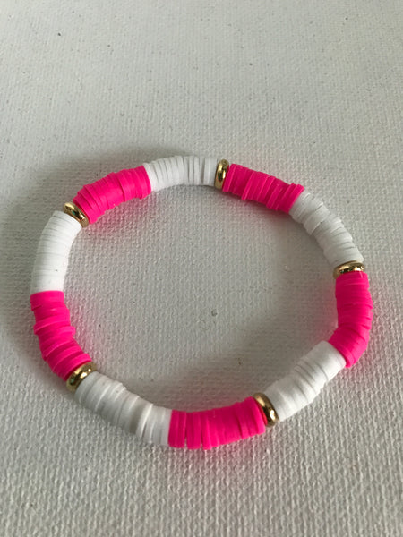 Stretch Bracelets-White/Dark Pink w/5 gold donut rings 