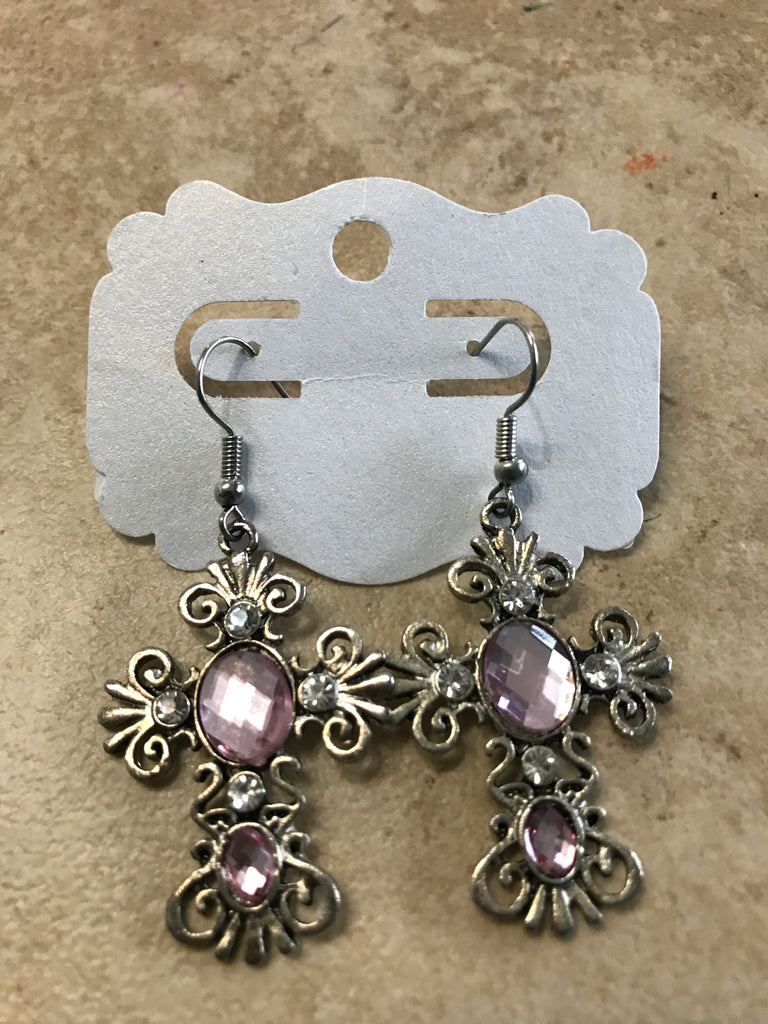 Silver Cross Earrings w/pink stone