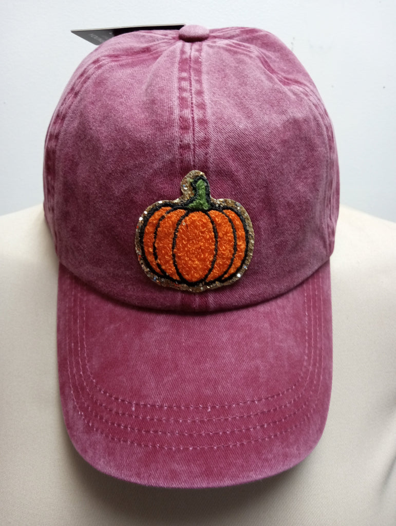 Fall Pumpkin Burgundy Chenille Metallic Patch Baseball cap OhhMy! Gifts and Things, LLC