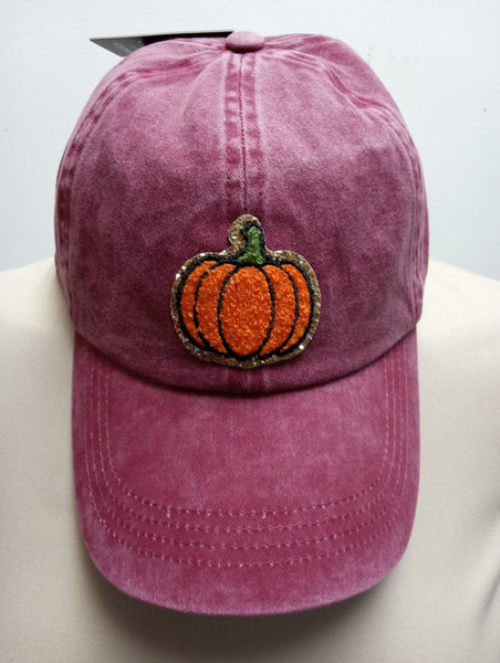 Fall Pumpkin Burgundy Chenille Metallic Patch Baseball cap OhhMy! Gifts and Things, LLC