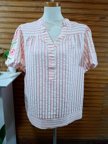 Floral Embroidered Pink Stripe Top for Women – Boho Chic