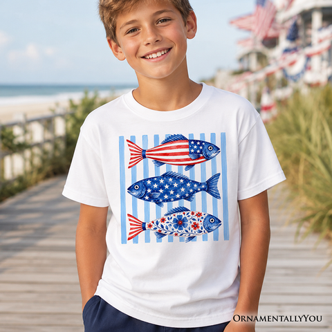 Kids Patriotic Fish Striped T-Shirt, 4th of July Beach Youth Tee OrnamentallyYou