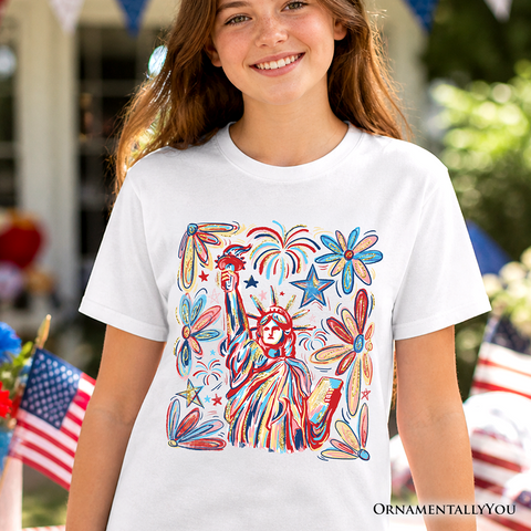 Kids Patriotic Statue of Liberty and Fireworks T-Shirt, Festive 4th of July Youth Tee OrnamentallyYou