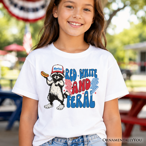 Kids Red, White & Feral Raccoon T-Shirt, Wild Youth Patriot American Tee OrnamentallyYou