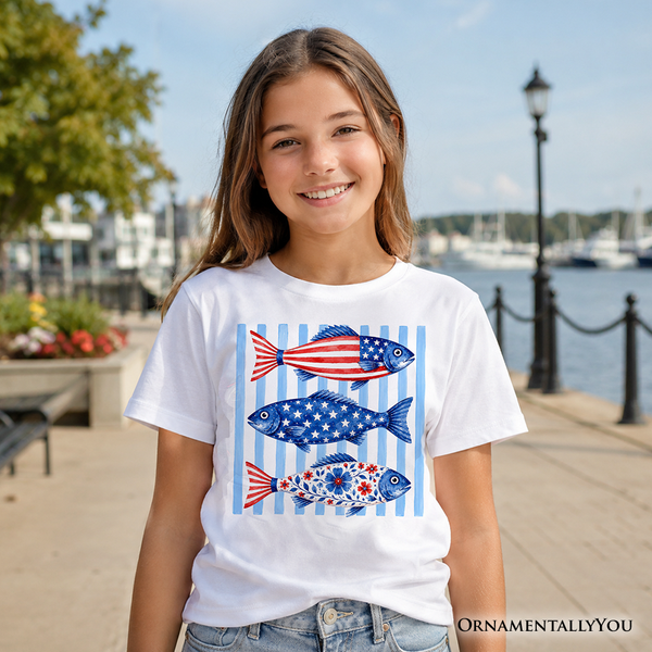 Kids Patriotic Fish Striped T-Shirt, 4th of July Beach Youth Tee OrnamentallyYou